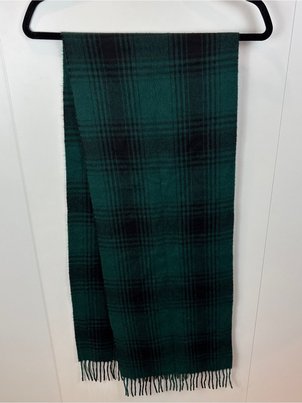 J. Crew Cashmere Plaid Scarf Green Blue Tartan Classic Quiet Luxury Fringed Soft